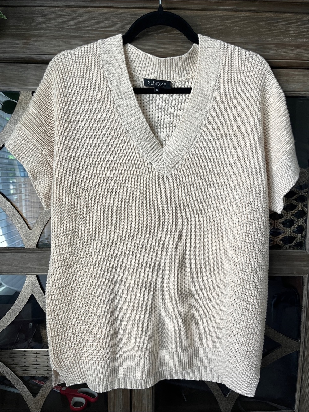 Sunday Cream V-Neck Short Sleeve Knit Sweater; Gold Metallic Threading